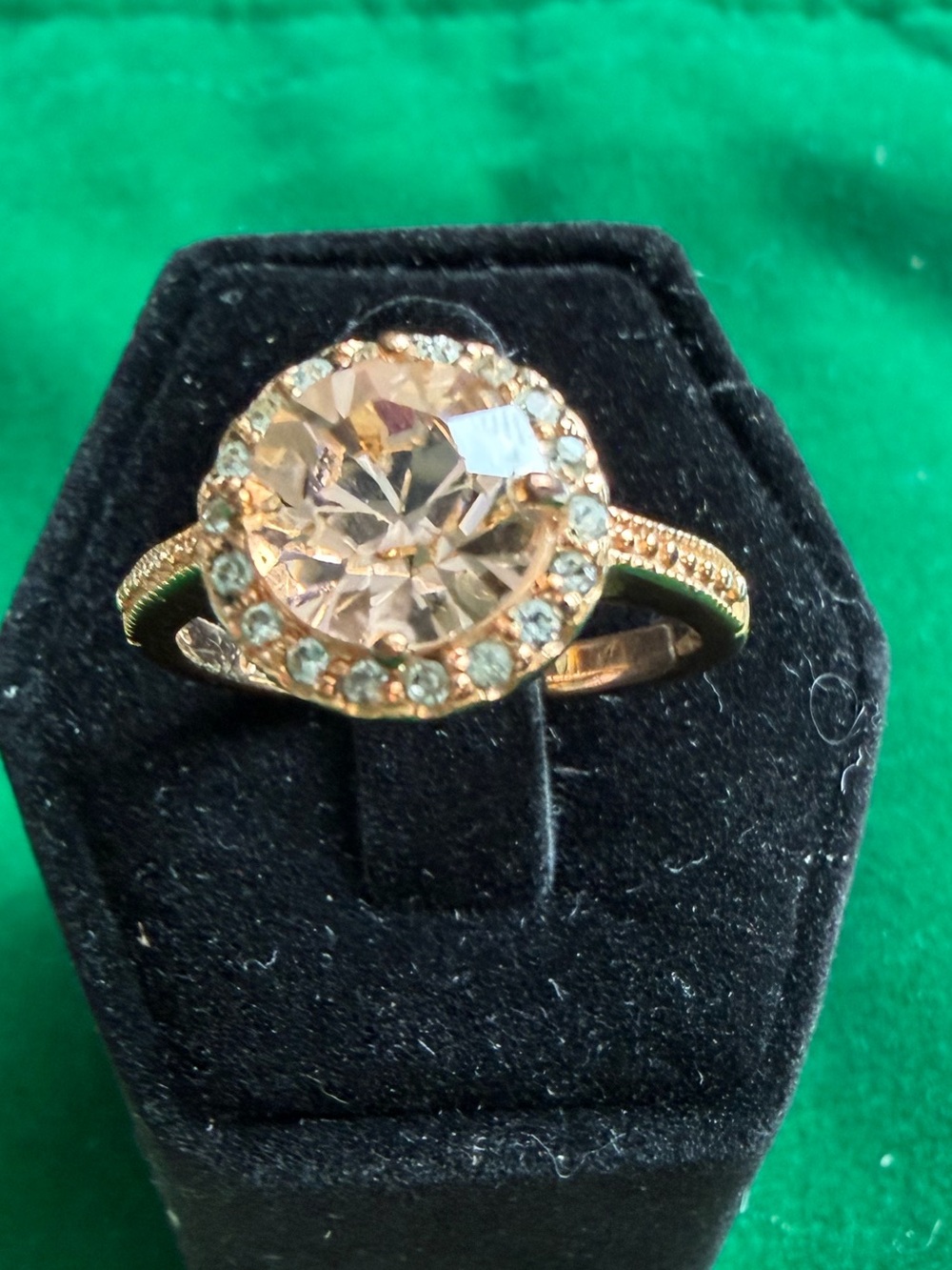 Champagne Quartz Halo Ring Rose Gold Tone Cocktail Ring Size 8